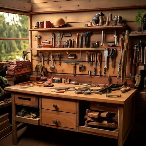 a workbench with many tools on shelves